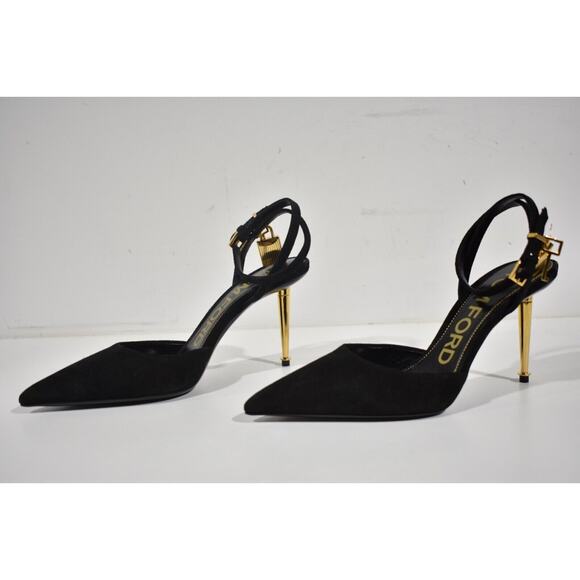 Tom Ford Padlock 85mm Slingback Black Suede Ankle Strap Pointed Toe Heel Pump 37 - Picture 8 of 11